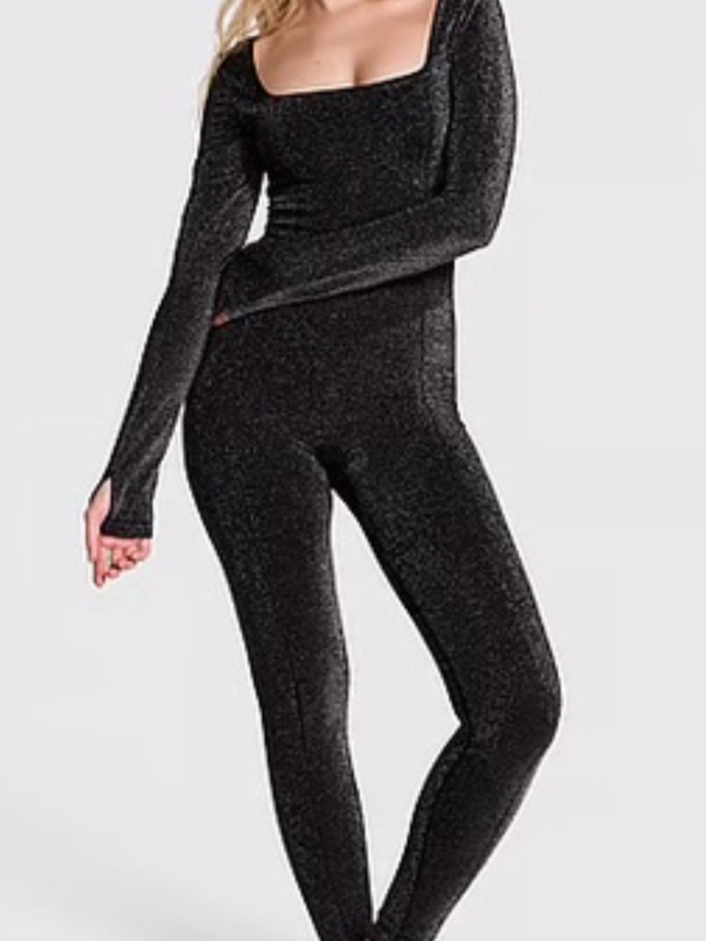 PINK Victoria's Secret Black Shimmer Long-Sleeve Scoop bodysuit jumpsuit xs NWT